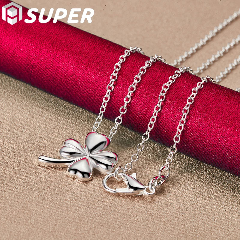 925 Silver Clover Flower Pendant Necklace 18 Inch Chain Women Wedding Charm