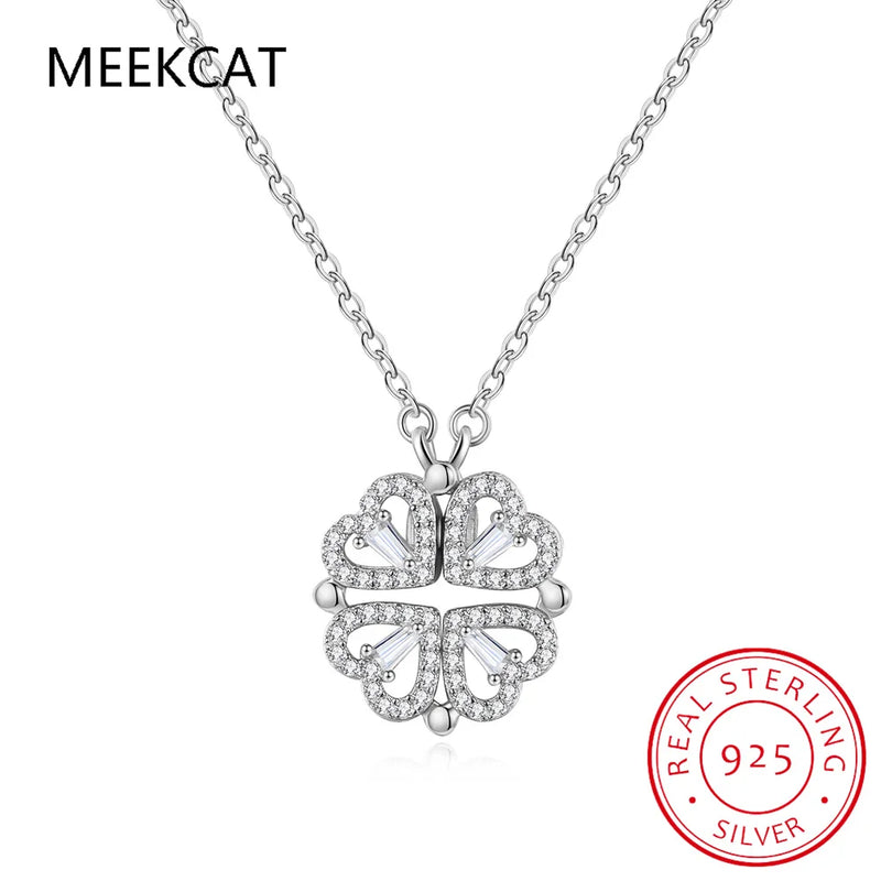 925 Silver Clover Necklace Four Leaf Heart Shape Pendant Choker