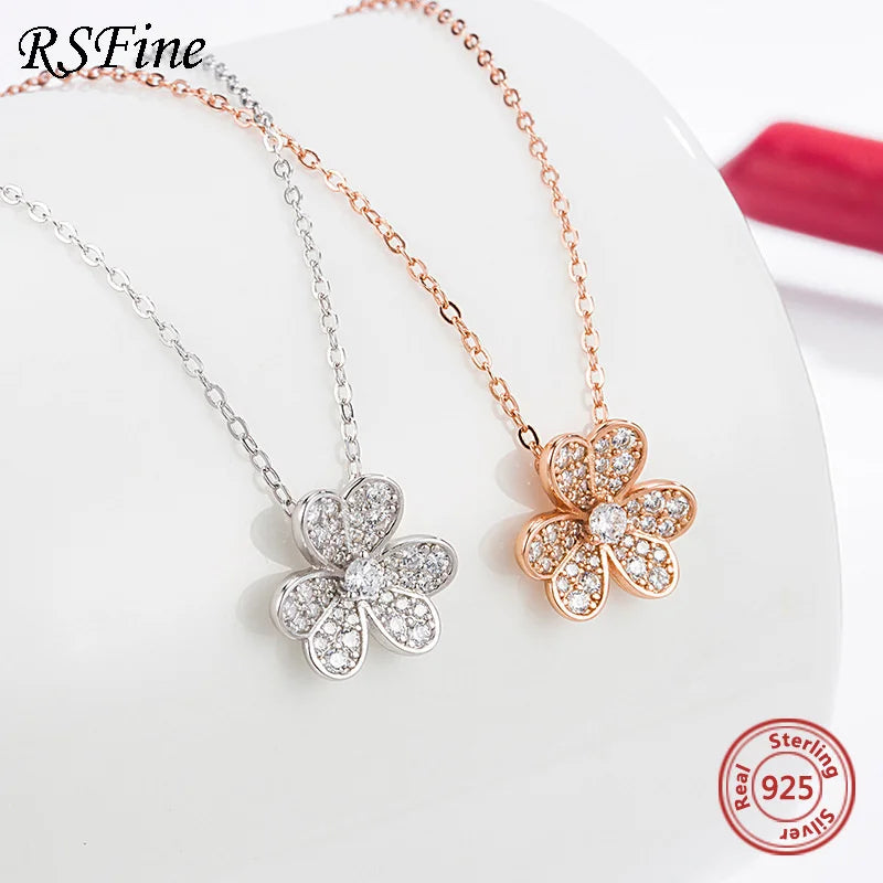 925 Silver Clover Necklace with Flower Button Inlay