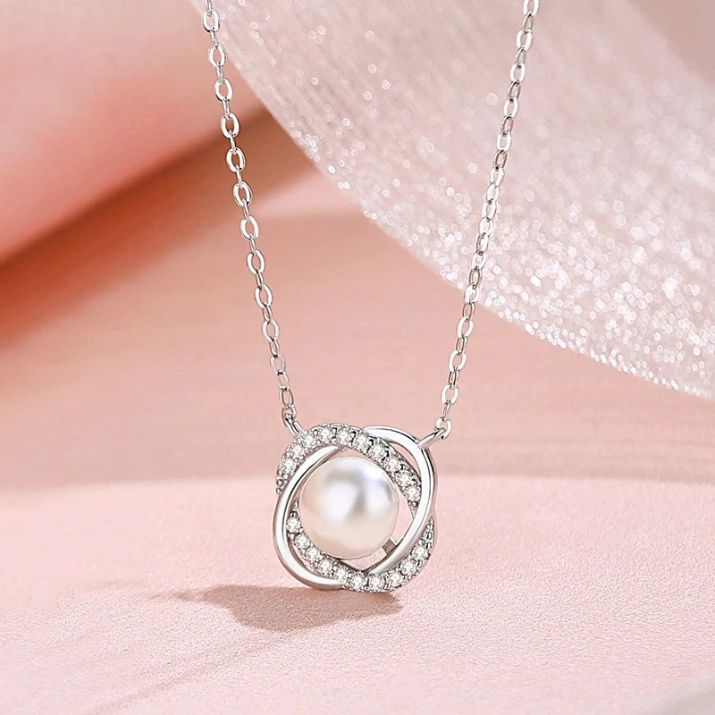 925 Silver Clover Pearl Necklace Geometric Rose Chain