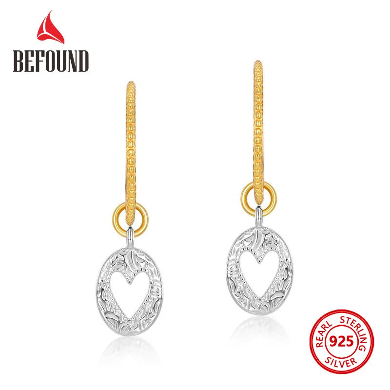 925 Silver Coin Earrings Two Colors Hollow Heart Shape Dangle Earrings