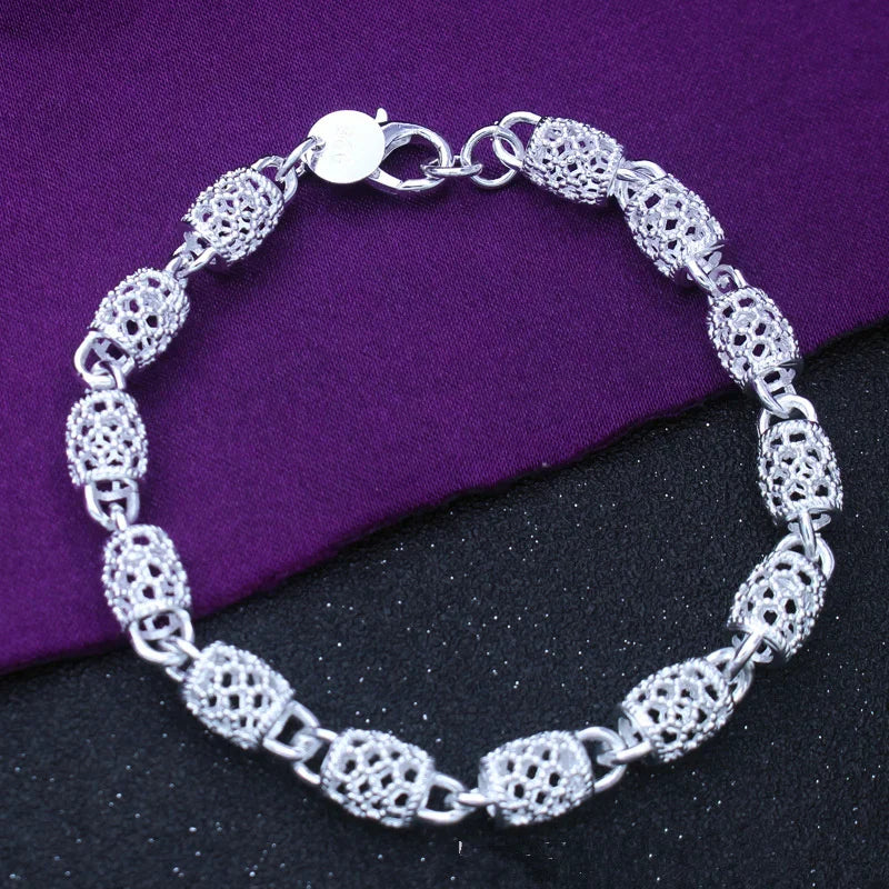 925 Sterling Silver Hollow Pendant Bracelet with Chain Women Bangle Gift