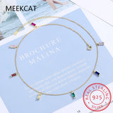 925 Silver CZ Square Tassel Necklace Colorful Choker