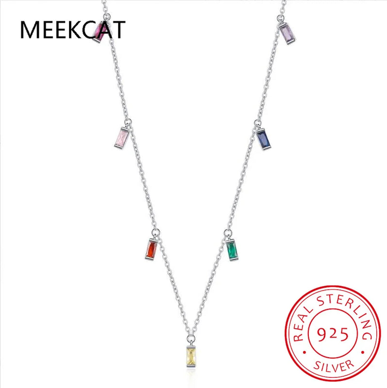 925 Silver CZ Square Tassel Necklace Colorful Choker