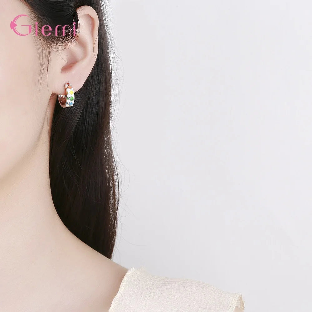 925 Silver Colorful Enamel Hoop Earrings for Women