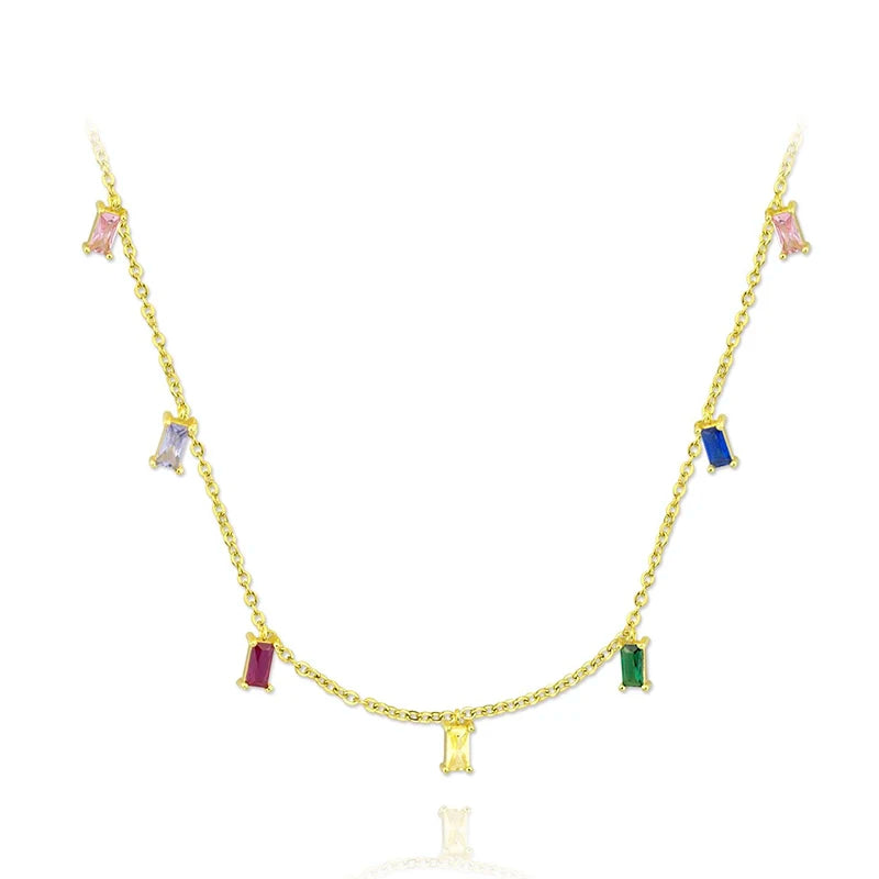 925 Silver Rainbow Square Zircon Necklace Colorful Crystal Chain