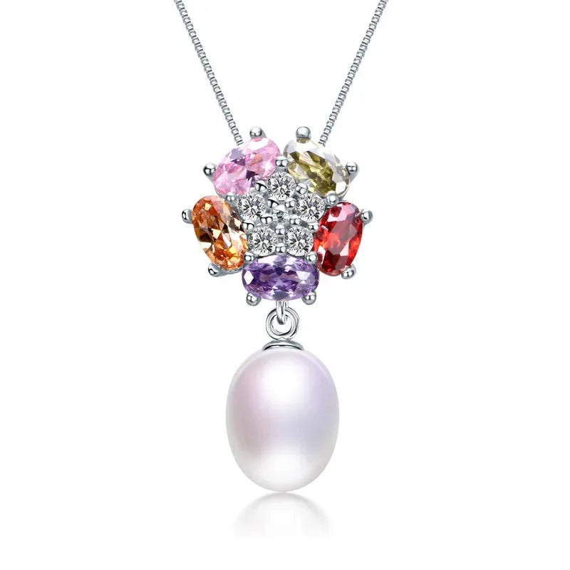 925 Silver Zircon Pendant & Freshwater Pearl Necklace