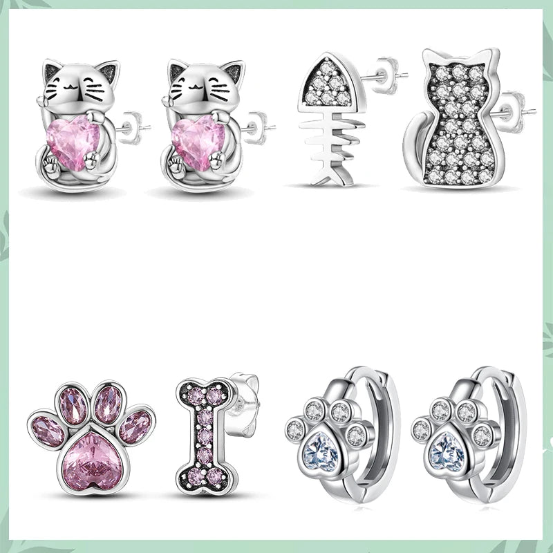 925 Silver Zircon Stud Earrings Unicorn Cat Paw Avocado Feather Heart Drop