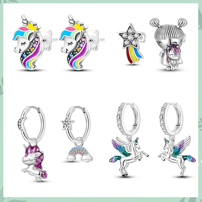 925 Silver Zircon Stud Earrings Unicorn Cat Paw Avocado Feather Heart Drop