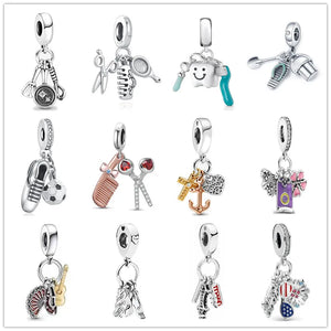 925 Silver Comb & Scissors Charm Bead for Bracelet DIY Jewelry Women