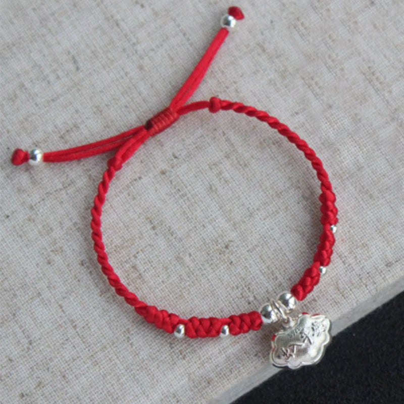 925 Silver Lock Charm Bracelet Red Thread Adjustable