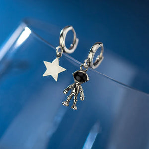 925 Silver Astronaut Star Asymmetric Hoop Earrings for Women Punk Style