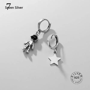 925 Silver Astronaut Star Asymmetric Hoop Earrings for Women Punk Style