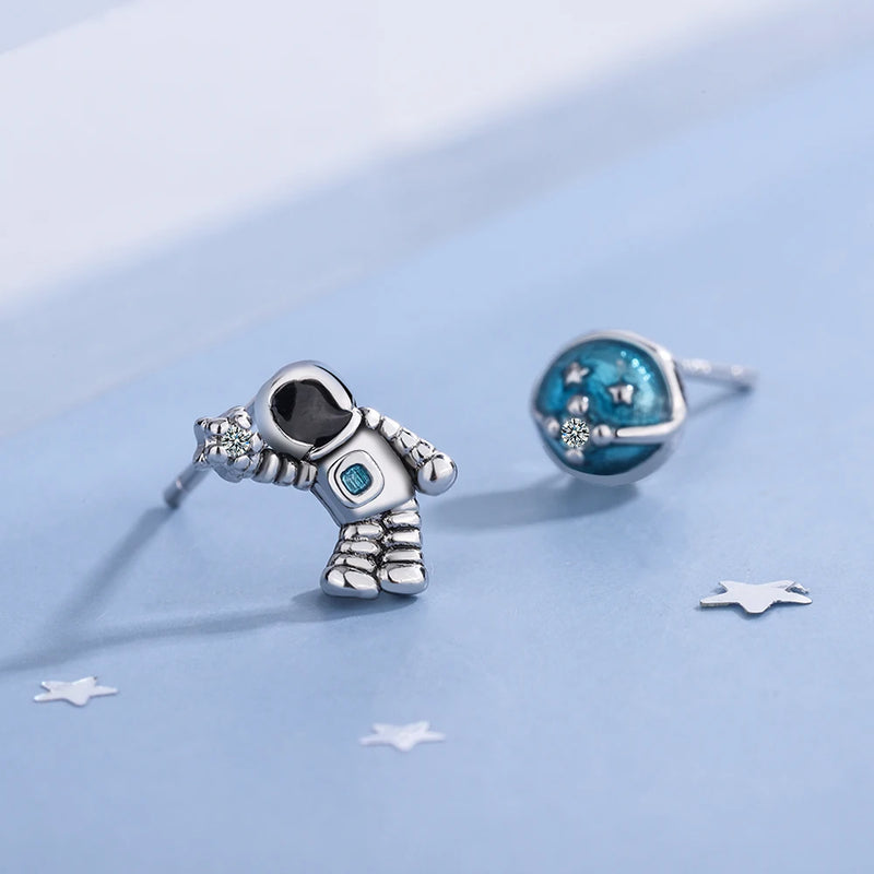 925 Silver Astronaut Star Asymmetric Stud Earrings Ear Party Jewelry