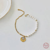 925 Silver Asymmetric Coin Head Pearl Chain Bracelet Women Jewelry