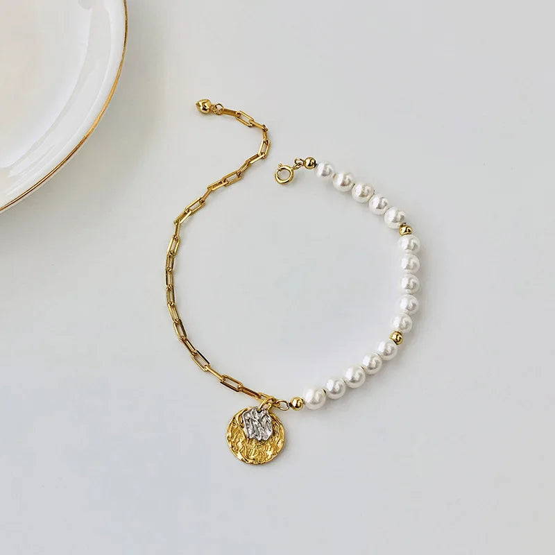 925 Silver Asymmetric Coin Head Pearl Chain Bracelet Women Jewelry