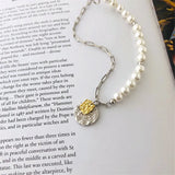 925 Silver Asymmetric Coin Head Pearl Chain Bracelet Women Jewelry