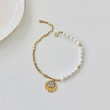 925 Silver Asymmetric Coin Head Pearl Chain Bracelet Women Jewelry