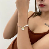 925 Silver Asymmetric Coin Head Pearl Chain Bracelet Women Jewelry