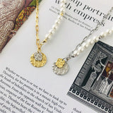 925 Silver Asymmetric Coin Head Pearl Chain Bracelet Women Jewelry