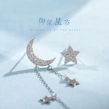 925 Silver Moon Star Tassel Drop Earring Asymmetry Jewelry
