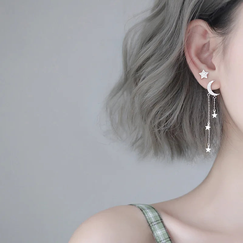 925 Silver Moon Star Tassel Drop Earring Asymmetry Jewelry