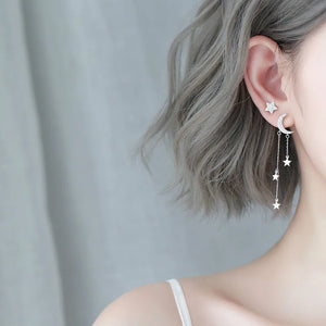 925 Silver Moon Star Tassel Drop Earring Asymmetry Jewelry