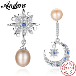 925 Silver Crescent Half Moon & Star CZ Stud Earrings