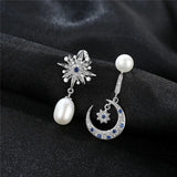 925 Silver Crescent Half Moon & Star CZ Stud Earrings