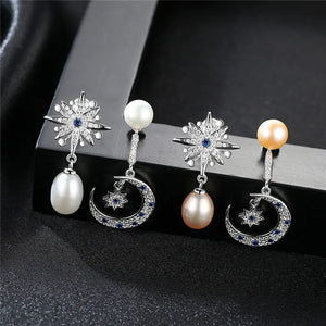 925 Silver Crescent Half Moon & Star CZ Stud Earrings
