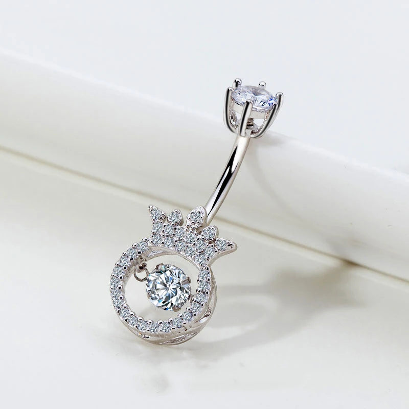 925 Silver Zircon Crown Belly Button Ring Dangle Bulk Bar Navel-Piercing Women