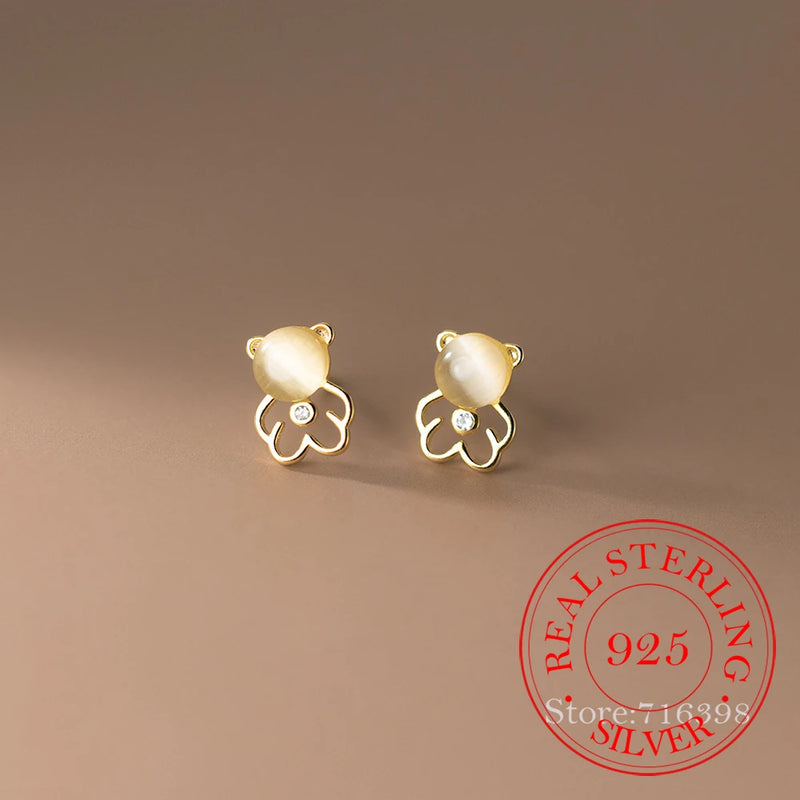 925 Silver Crystal Bear Stud Earrings 14K Plated Wedding Party Jewelry Gift