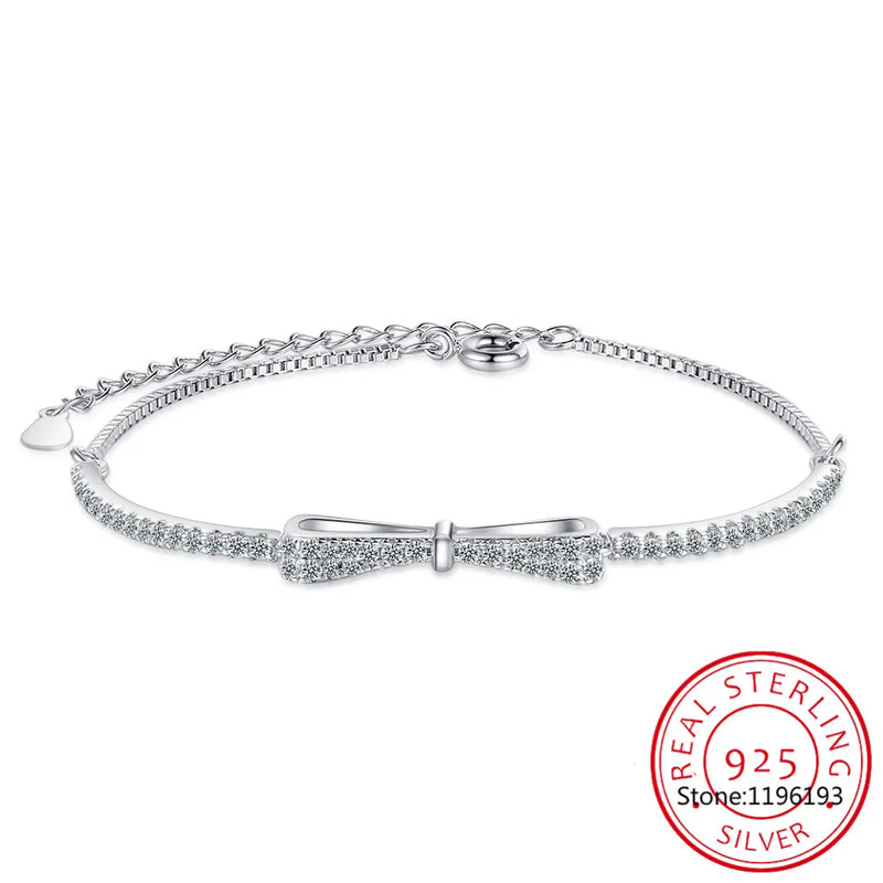 925 Silver Crystal Bowknot Bracelet for Women Wedding Jewelry