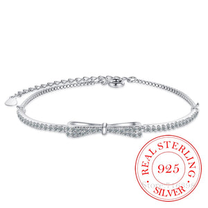 925 Silver Crystal Bow Charm Bracelet for Women Wedding