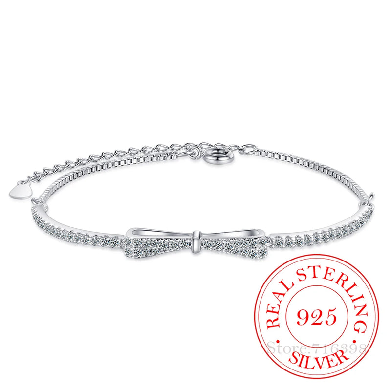 925 Silver Crystal Bow Charm Bracelet for Women Wedding