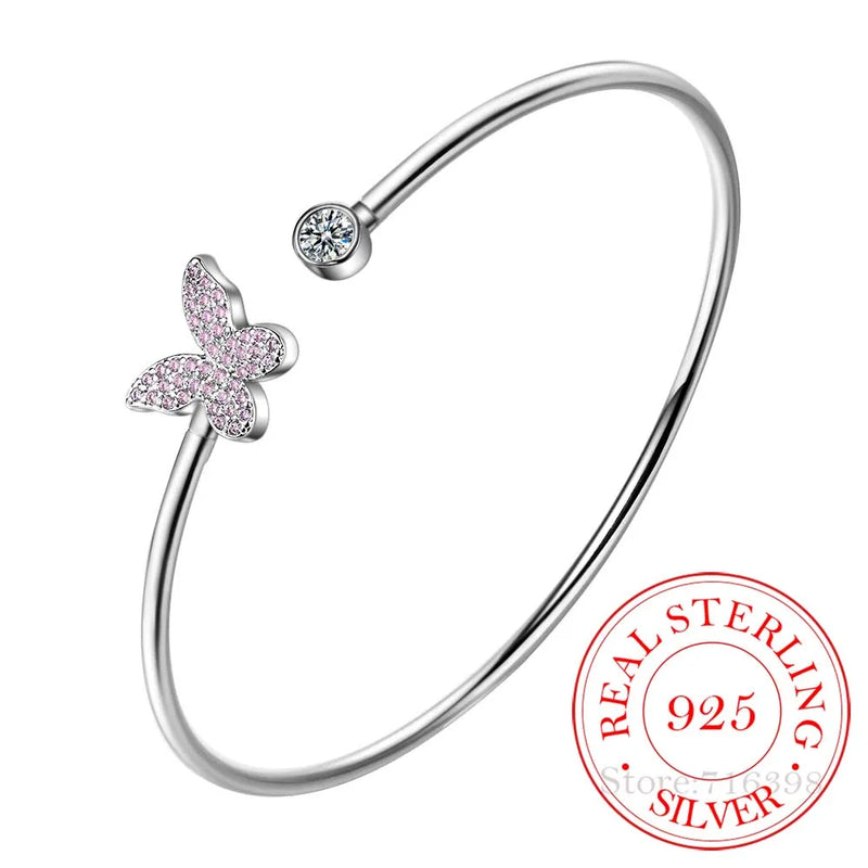 925 Sterling Silver Crystal Charm Bangles For Women Bracelet &Bangle
