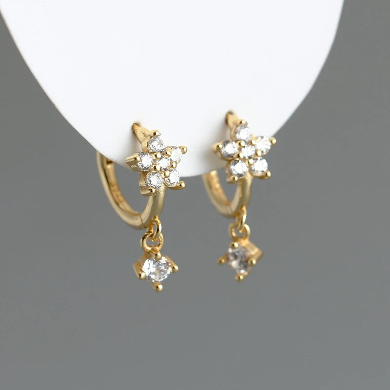 925 Silver Crystal Flower Zircon Hoop Earrings Fringe Pendientes