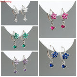 925 Silver Crystal Flower Zircon Hoop Earrings Fringe Pendientes