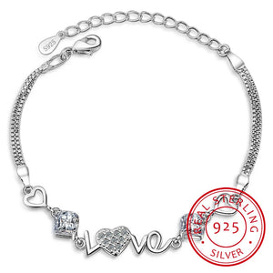 925 Silver Crystal Heart Charm Bracelet For Women Gift