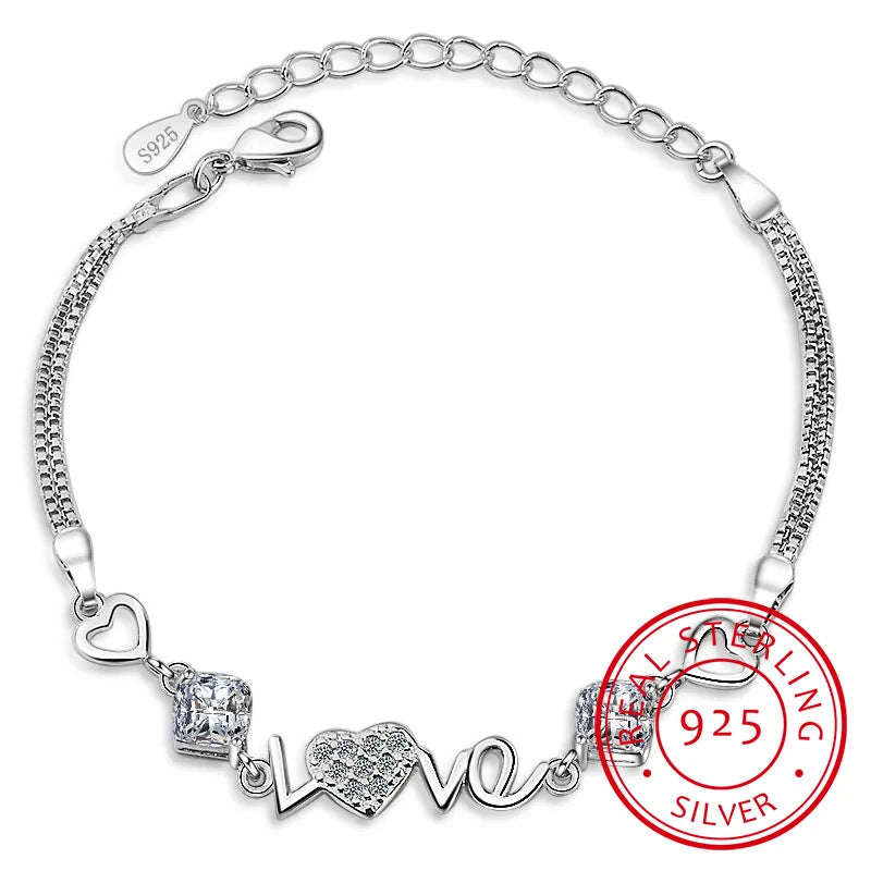 925 Silver Crystal Heart Charm Bracelet For Women Gift