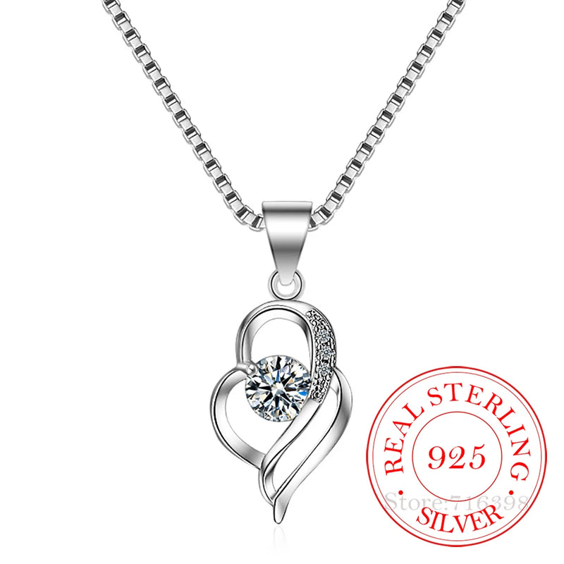 925 Silver Crystal Heart Charm Pendant Necklace Romantic Wedding Jewelry