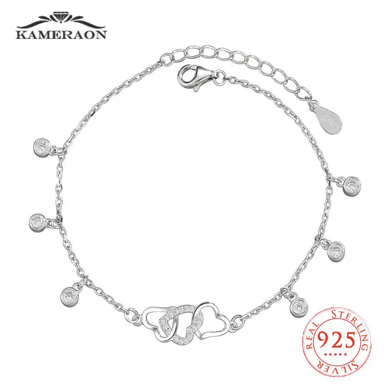925 Silver Crystal Heart Tassel Bracelet Women Minimalist Jewelry