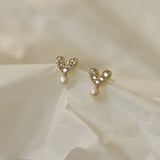 925 Silver Heart Pearl Stud Earrings Crystal 14K Ear Wedding Party Gift Female