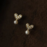 925 Silver Heart Pearl Stud Earrings Crystal 14K Ear Wedding Party Gift Female