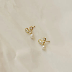 925 Silver Heart Pearl Stud Earrings Crystal 14K Ear Wedding Party Gift Female