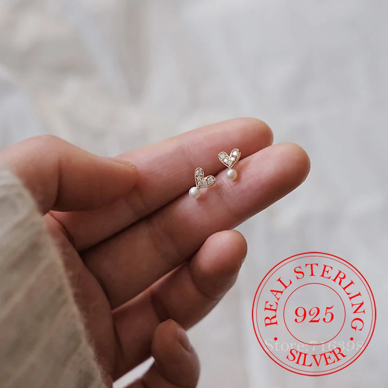 925 Silver Heart Pearl Stud Earrings Crystal 14K Ear Wedding Party Gift Female
