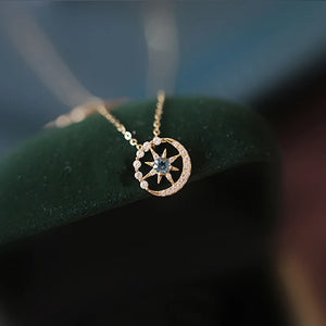 925 Silver Crystal Hexagram Moon Choker Necklace Pendant 14K Plated