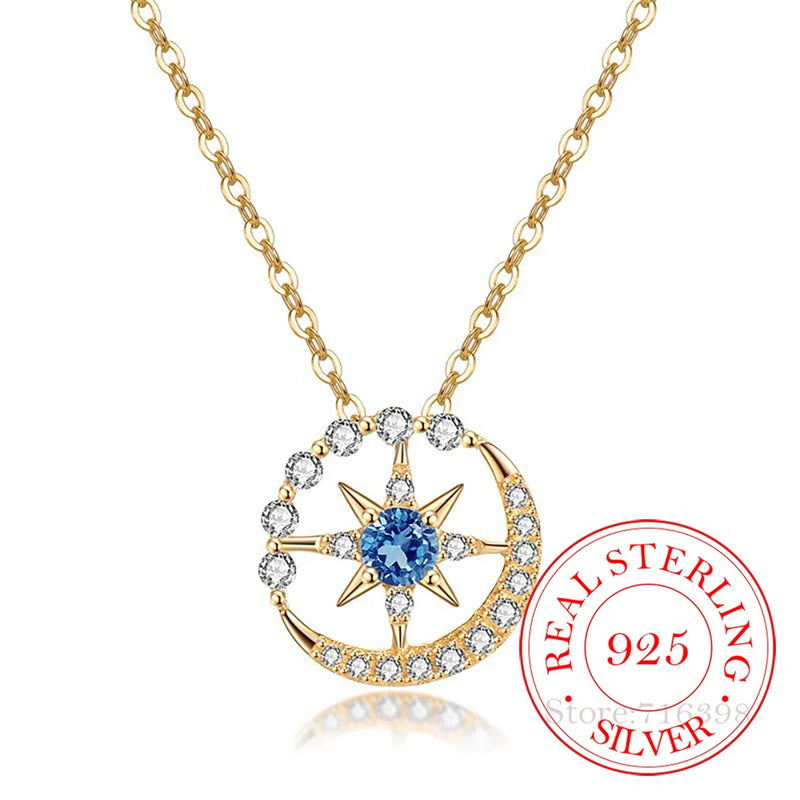 925 Silver Crystal Hexagram Moon Choker Necklace Pendant 14K Plated