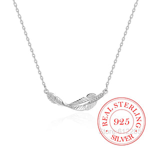 925 Silver Crystal Leaf Feather Pendant Necklace For Women