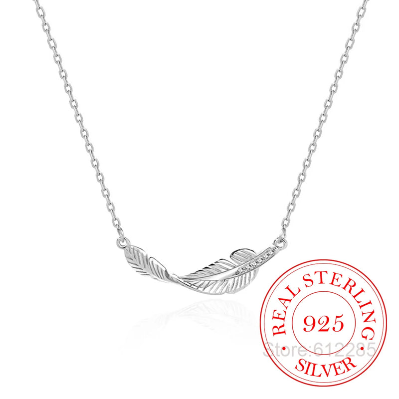 925 Silver Crystal Leaf Feather Pendant Necklace For Women
